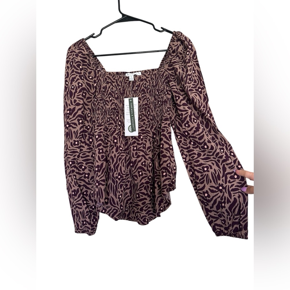 Threads 4 Thought Kerrie Wild Purple/Tan Floral Woven Long Sleeve Top Size M